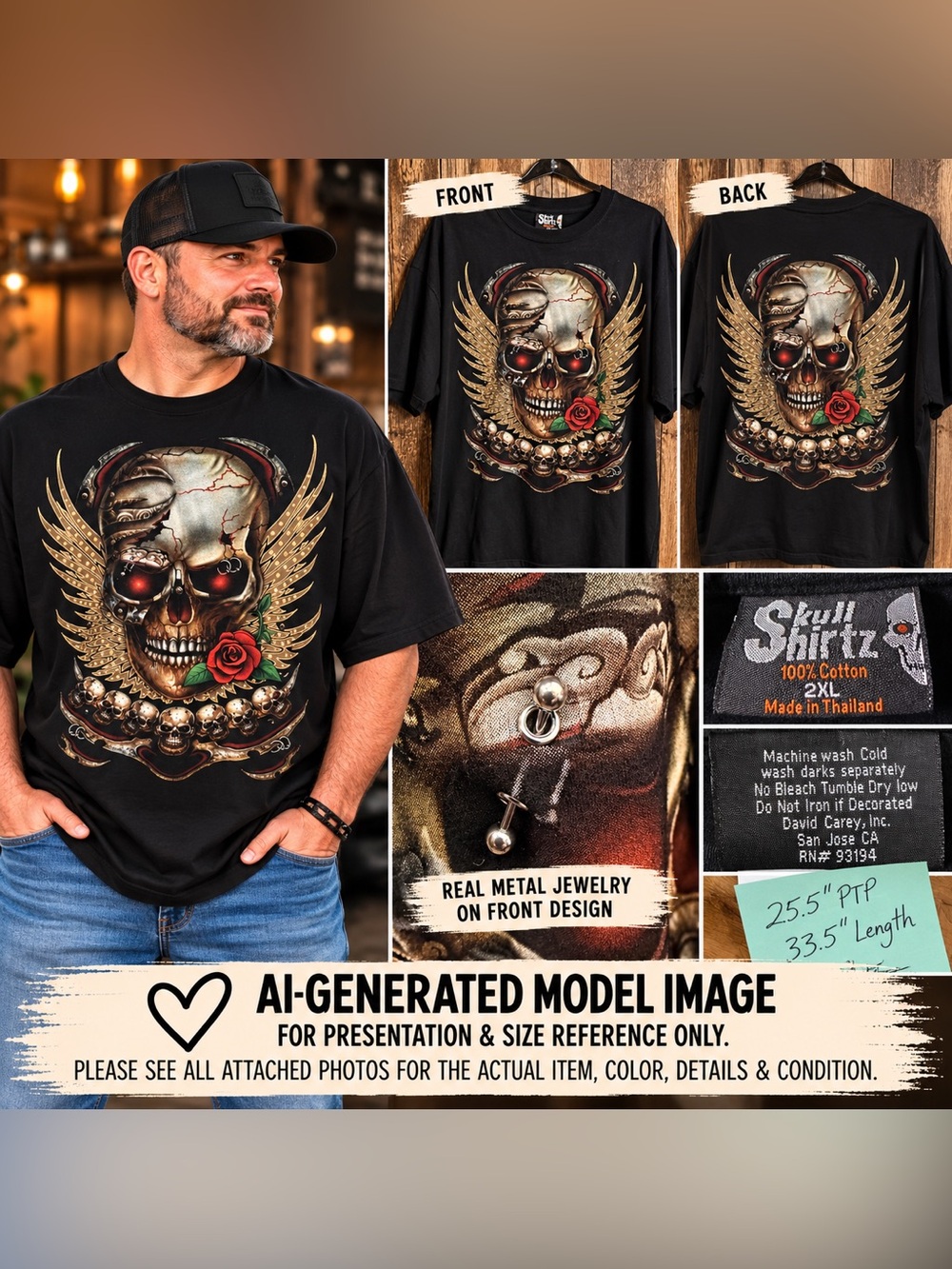 Skull Shirtz Gothic Skull Wings Rose Graphic Tee Black 2XL